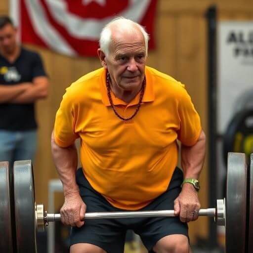 79‑летний атлет Т. Раушер ставит рекорд по становой тяге, доказывая, что возраст – лишь цифра.